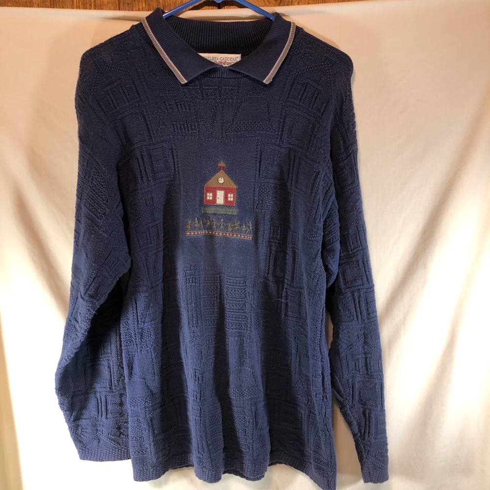 Vintage Chelsea Gardens blue collared patterned neck sweater, schoolhouse M